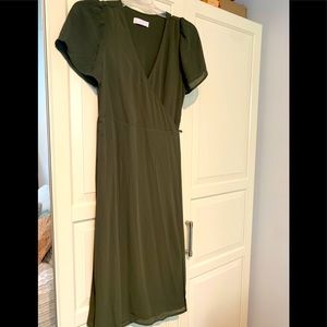 Oak and Fort Wrap Midi Dress in Olive Green
